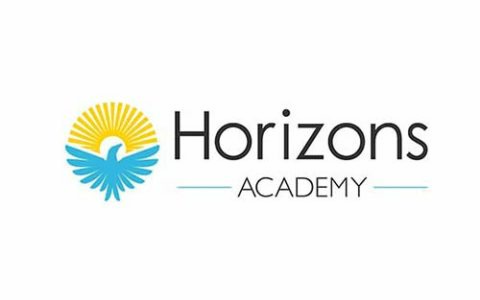 Blue bird soaring towards a golden horizon with the text Horizons Academy to the right. Text sits on a white background.